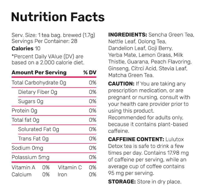 Lulutox Detox Tea supplement facts