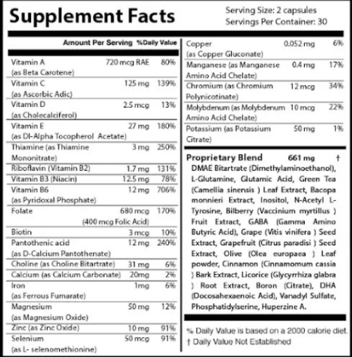 Memory Lift supplement facts.